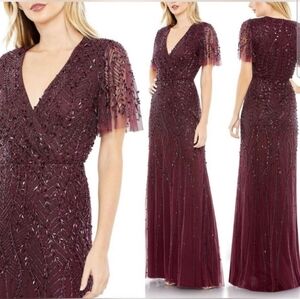 Mac Duggal Embellished Flutter Sleeve Gown 12 Aubergine NWT